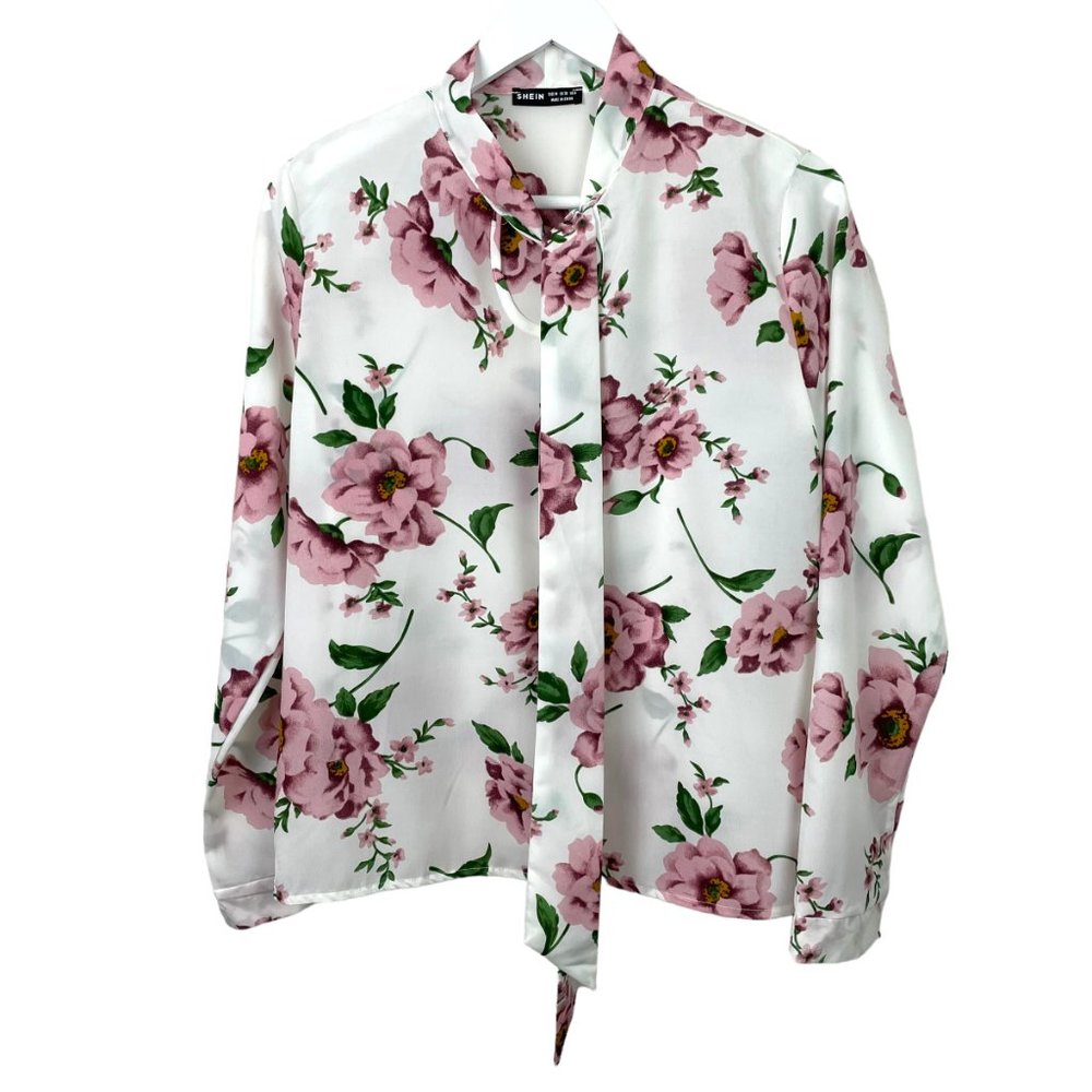 SHEIN Womens M White Pink Floral Long Sleeve Scarf Neck Blouse